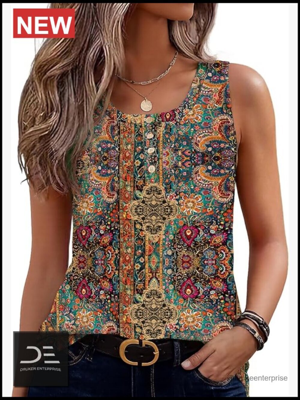 Sleeveless Button Henley Tank Top - Soft Stretch Polyester Blouse